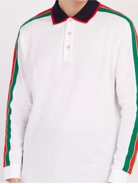 Gucci White Long-Sleeve Polo with Green & Red Shoulder Stripes